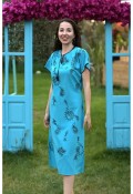 BASKILI ELİŞİ JAPONE KOL ELBİSE - TURKUAZ