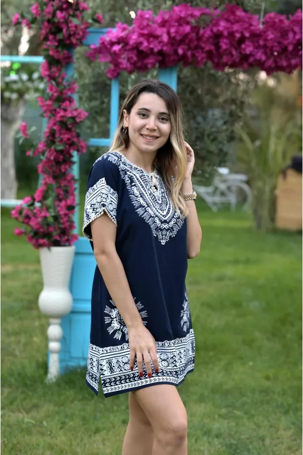 BASKILI ELİŞİ JAPONE KOL TUNİK - LACİVERT