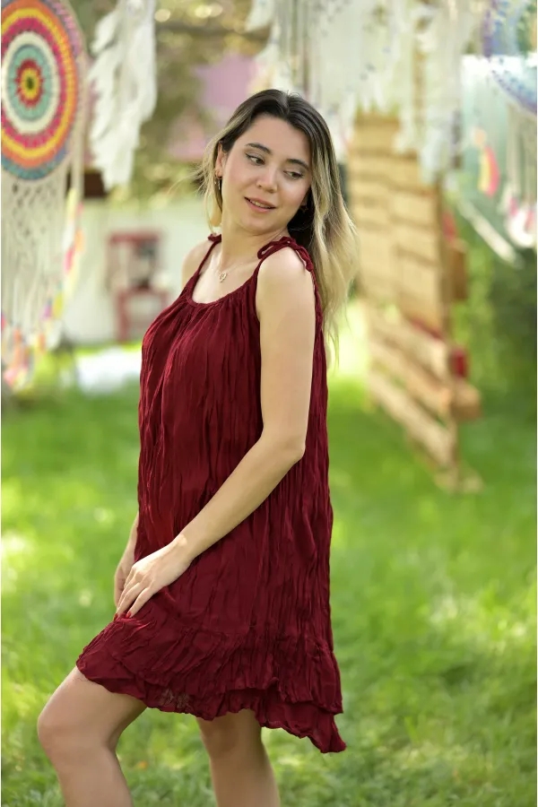 BÜRÜMCÜK ÇİFT KATLI ASKILI KISA ELBİSE - BORDO