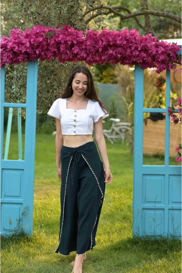 ELİŞİ BONCUKLU BİLMECE PANTOLON - PETROL YEŞİLİ