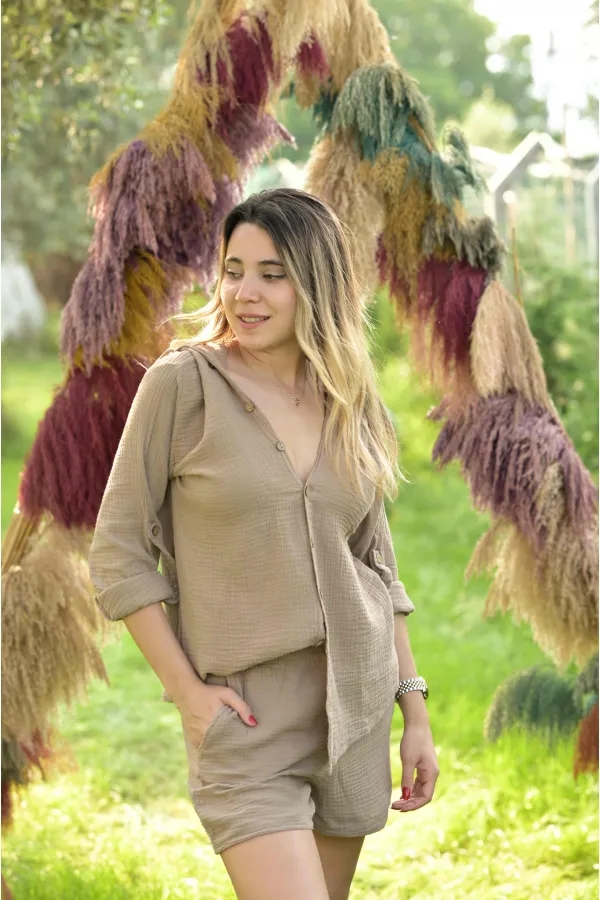 TOPRAK KAPÜŞONLU UNISEX MÜSLİN GÖMLEK - TOPRAK RENGİ