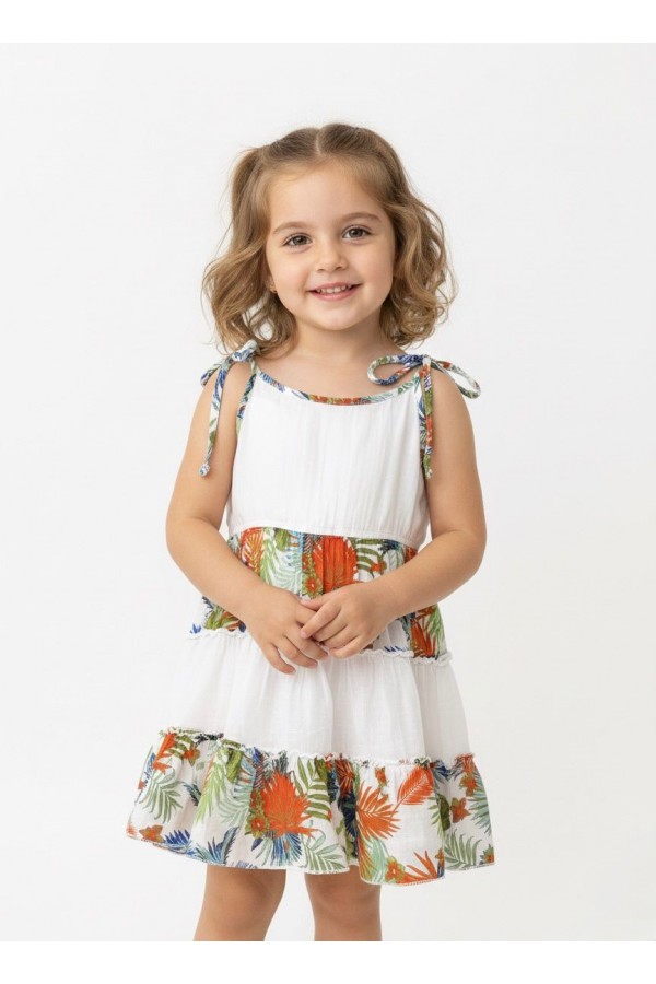 BELİS FIRFIRLI ÇOCUK ELBİSE - YAPRAK DESEN BEYAZ