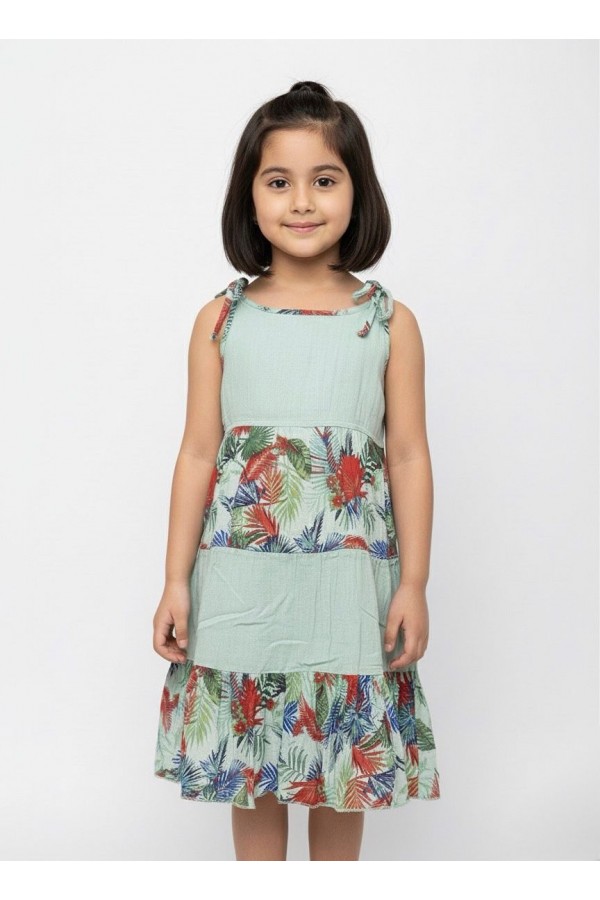 BELİS FIRFIRLI ÇOCUK ELBİSE - YAPRAK DESEN MİNT YEŞİLİ
