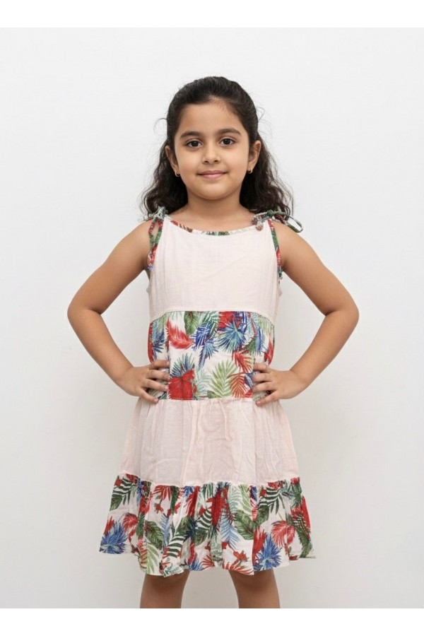 BELİS FIRFIRLI ÇOCUK ELBİSE - YAPRAK DESEN PUDRA PEMBE 