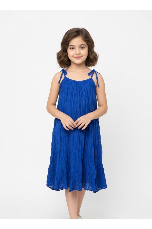 BÜRÜMCÜK ASKILI ÇOCUK ELBİSESİ - SAKS MAVİ