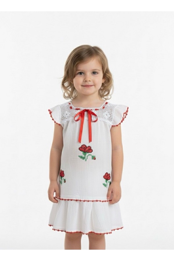 ELİŞİ KANAVİÇE İŞLEMELİ ÇOCUK ELBİSESİ KARANFİL