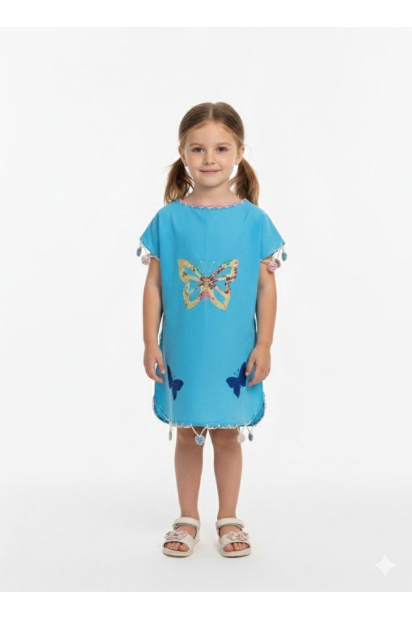 KAFTAN MODEL NAKIŞLI ÇOCUK ELBİSE KELEBEK - TURKUAZ