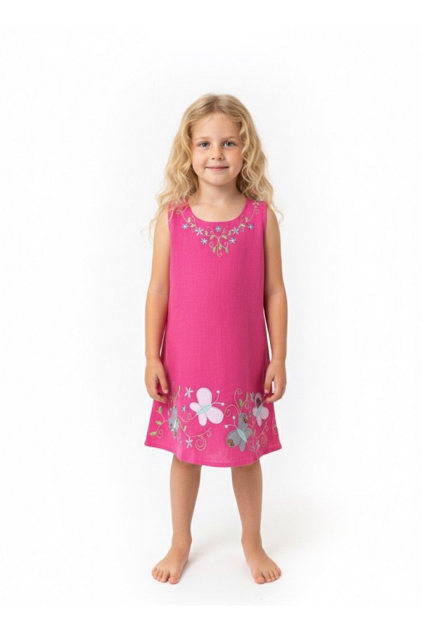 KELEBEK NAKIŞLI ÇOCUK ELBİSE - FUŞYA PEMBE