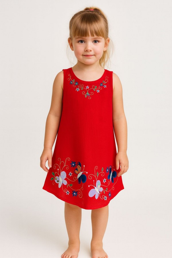 KELEBEK NAKIŞLI ÇOCUK ELBİSE - KIRMIZI