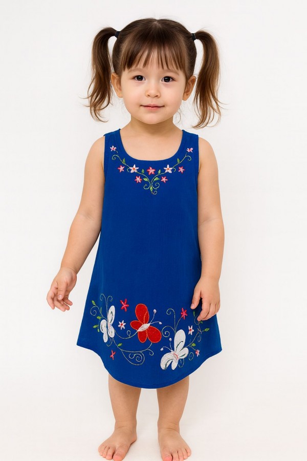 KELEBEK NAKIŞLI ÇOCUK ELBİSE - SAKS MAVİ