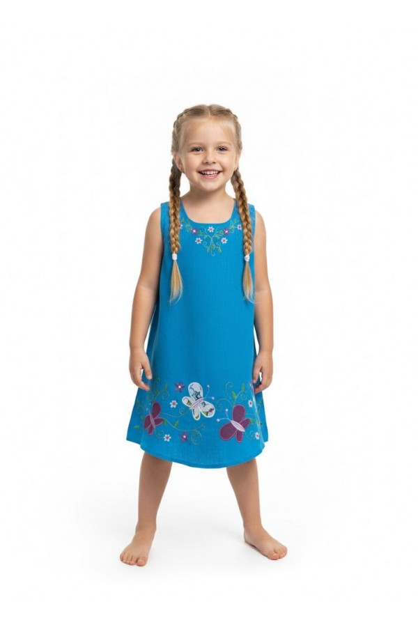 KELEBEK NAKIŞLI ÇOCUK ELBİSE - TURKUAZ