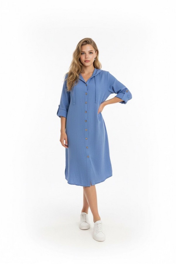 ŞULE KAPÜŞONLU MÜSLİN ELBİSE - MAVİ