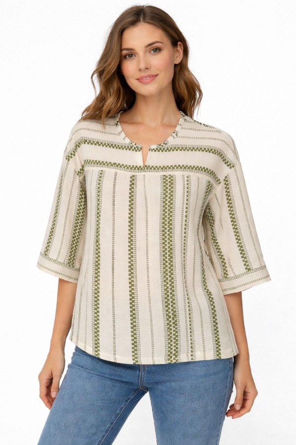 EYLÜLBLUZ - HAKİ YEŞİL ETNİK DESEN  