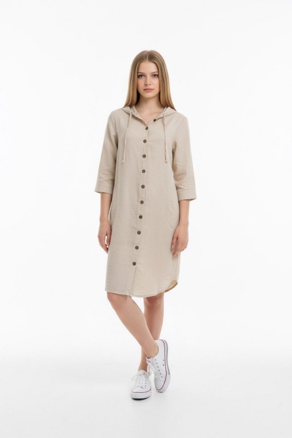 ŞULE KAPÜŞONLU ELBİSE - BEJ