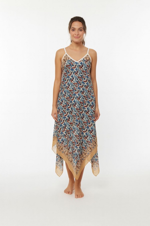 TÜLBENT MENDİL ELBİSE - ÇİNİ DESEN BEJ KAHVE