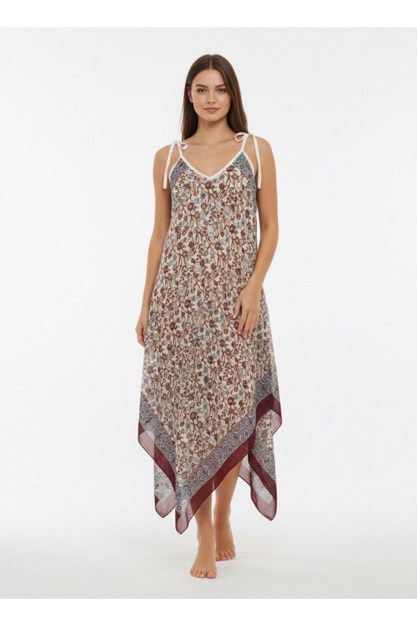 TÜLBENT MENDİL ELBİSE - ÇİNİ DESEN BORDO GRİ