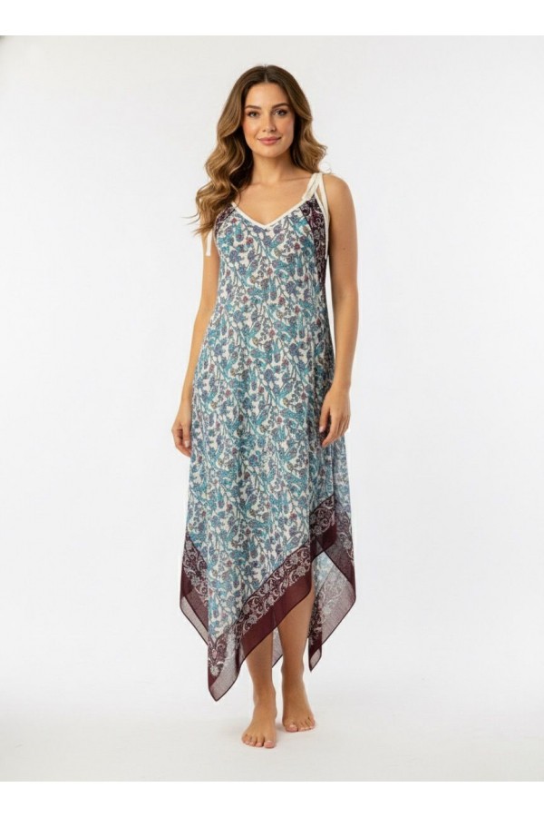 TÜLBENT MENDİL ELBİSE - ÇİNİ DESEN BORDO YEŞİL