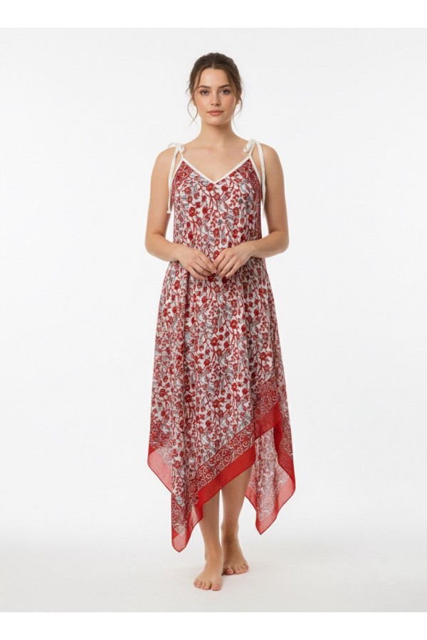 TÜLBENT MENDİL ELBİSE - ÇİNİ DESEN KIRMIZI