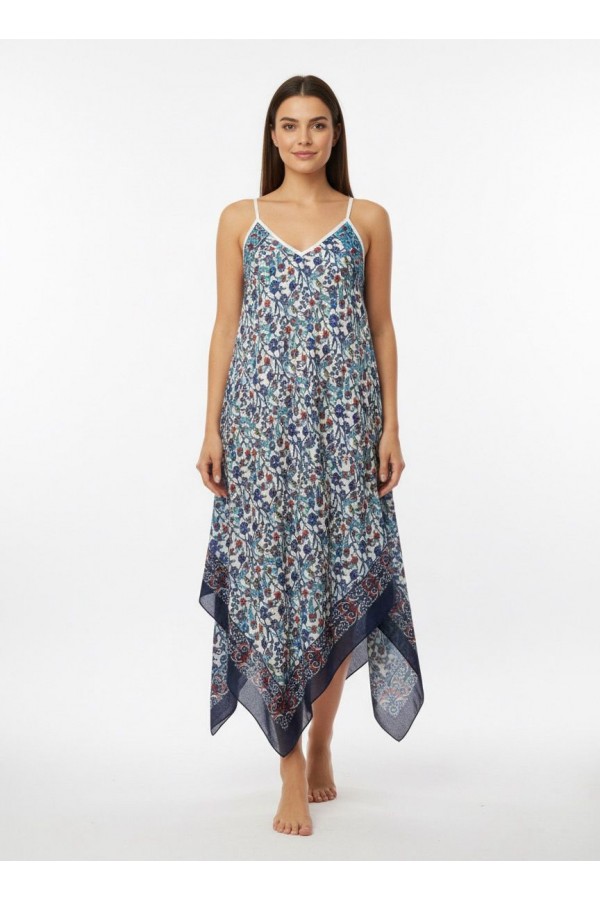 TÜLBENT MENDİL ELBİSE - ÇİNİ DESEN LACİVERT KIRMIZI