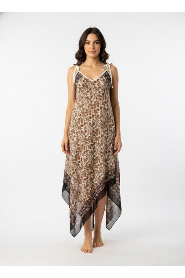 TÜLBENT MENDİL ELBİSE - ÇİNİ DESEN SİYAH HARDAL