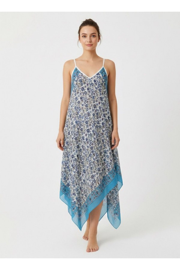TÜLBENT MENDİL ELBİSE - ÇİNİ DESEN TURKUAZ MAVİ