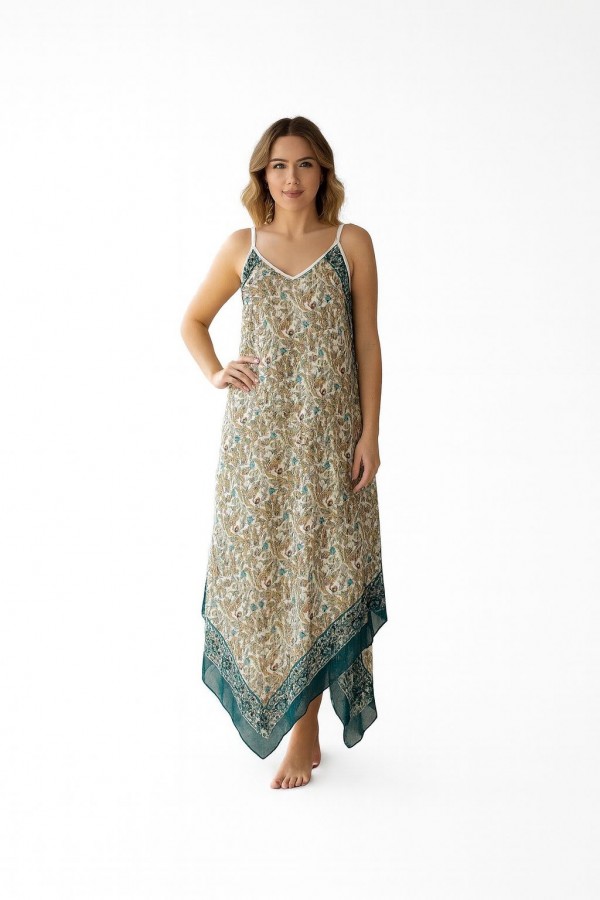 TÜLBENT MENDİL ELBİSE - ÇİNİ DESEN ZÜMRÜT YEŞİLİ HARDAL