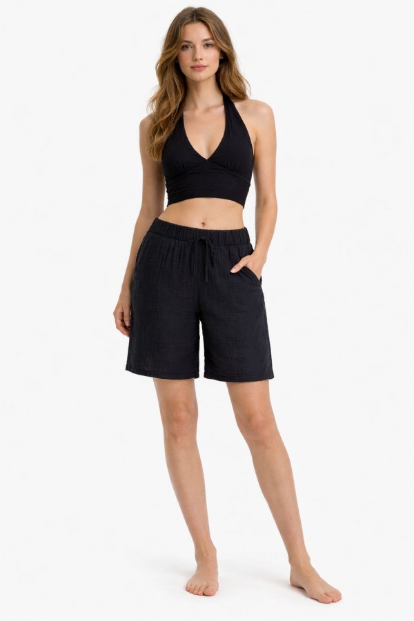 İPEK MÜSLİN ŞORT - SİYAH