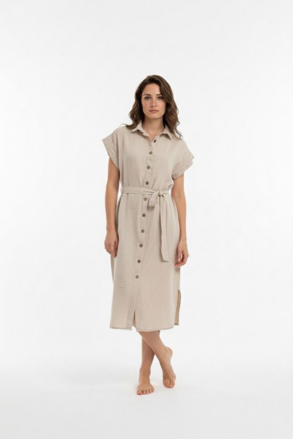 IRMAK UZUN GÖMLEK ELBİSE - BEJ