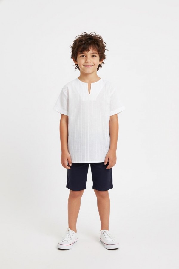 YAKASIZ ERKEK ÇOCUK GÖMLEĞİ - ÇİZGİLİ BEYAZ